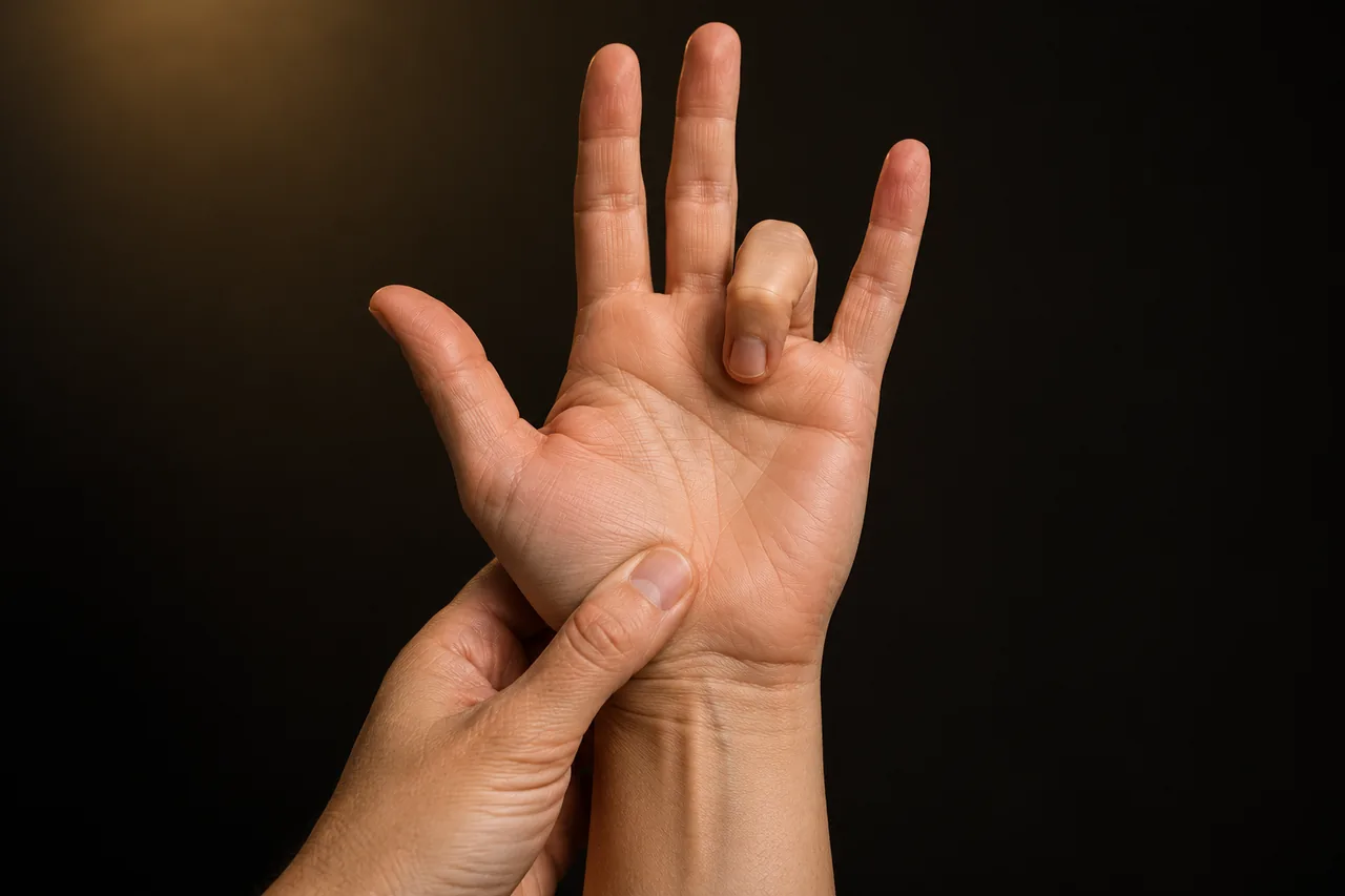Imagen ilustrativa de una mano con el dedo anular flexionado, como ejemplo de dedo en gatillo.