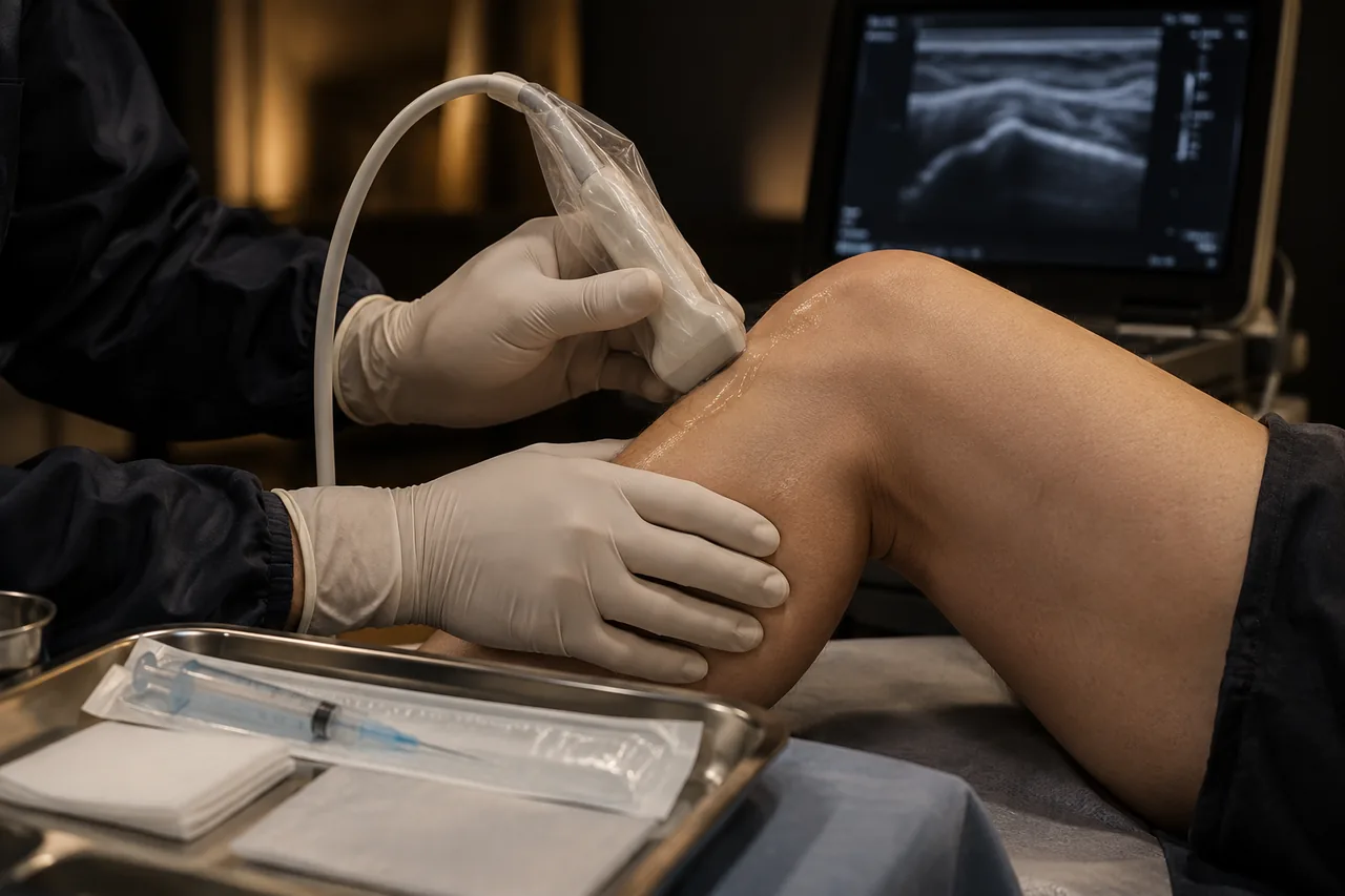 Imagen ilustrativa de preparación para un tratamiento ecoguiado de rodilla.