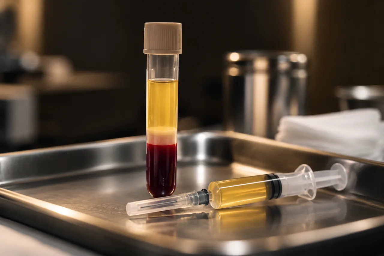 Imagen ilustrativa de un tubo con componentes sanguíneos separados y una jeringa de plasma.